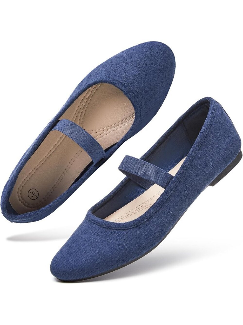 Women's Navy Suede Mary Janes Ballet Flat Memory Foam Elastic Strap Dress Shoes
